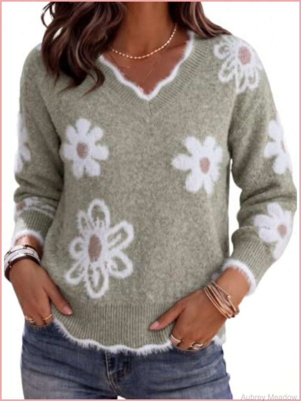 Womens V-Neck Fuzzy Scalloped Trim Pullover Sweater Long Sleeve Knit Top